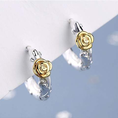 Rose Blume Huggie Hoop Ohrringe Vintage Kupfer Bicolor Gold Silber Plattiert Eleganter Blumen Schmuck Für Frauen