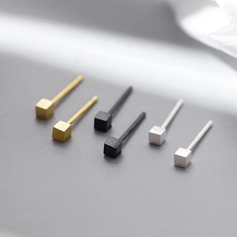Geometric Cube Stud Earrings Copper Minimalist Brushed Jewelry For Women With 925 Sterling Silver Earring Post