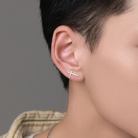 Cross Stud Earrings Minimalist Geometric Copper Silver Plated Cool Hip Hop Unisex Jewelry