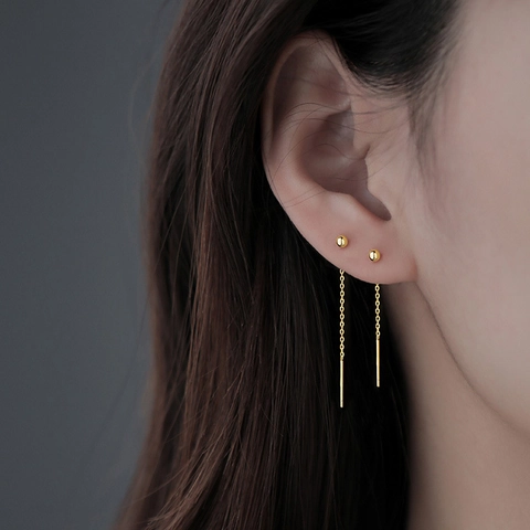 Minimalist Round Ball Threader Earrings With 925 Sterling Silver Earring Post Dainty Geometric Long Chain Jewelry For Women