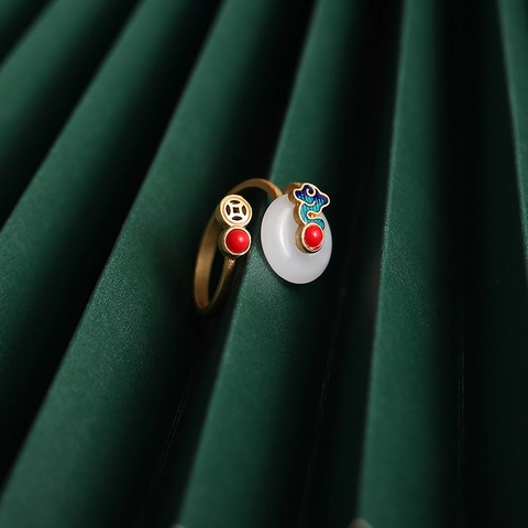Anello Aperto Stile Cinese Nuvola Di Buon Auspicio Rame Smalto Intarsiato Finta Giada Hetian Retro Gioielli Da Dito Regolabili