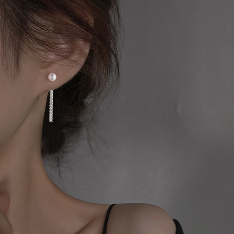 Artificial Pearl Dangle Earrings With Zircon Long Tassel Two-Way Wear Copper 925 Sterling Silver Earring Post Elegant Women Jewelry