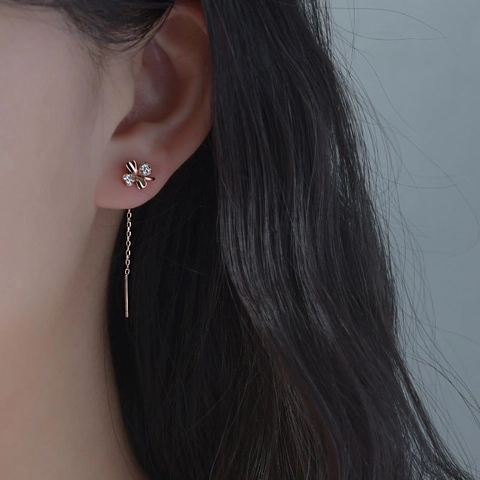 Four-Leaf Clover Tassel Ear Line Earrings With 925 Sterling Silver Earring Post Copper Cubic Zirconia Jewelry For Women