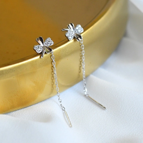 Four-Leaf Clover Tassel Ear Line Earrings With 925 Sterling Silver Earring Post Copper Cubic Zirconia Jewelry For Women