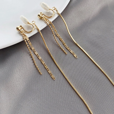 Long Tassel Clip Earrings Gold Plated Copper With 925 Sterling Silver Earring Post For Non Pierced Ears Elegant Women
