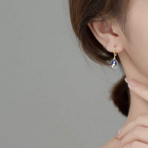 Kat Silhouette Ovale Emaille Hoop Oorbellen Met 925 Sterling Zilveren Oorsteker Blauwe Geometrische Sieraden Voor Dames