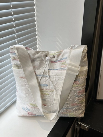 Bunte Wellenstickerei Canvas Bucket Tote Tasche Damen Leicht Gesteppt Kordelzug Schulter Umhängetasche Ins Stil