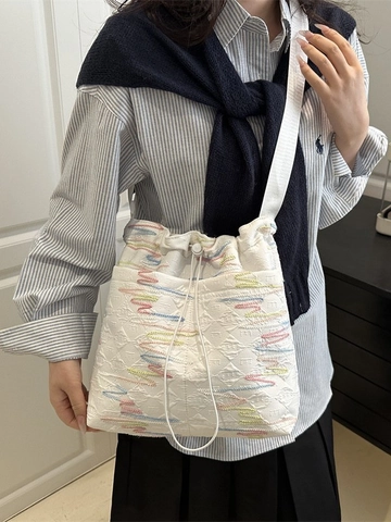 Bunte Wellenstickerei Canvas Bucket Tote Tasche Damen Leicht Gesteppt Kordelzug Schulter Umhängetasche Ins Stil