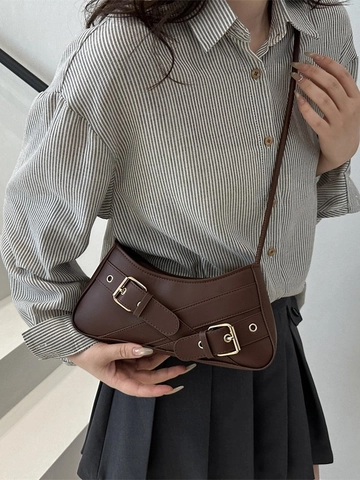 Women Vintage PU Leather Underarm Bag Fashion Metal Buckle Decoration Knotted Strap Small Square Shoulder Bag For Commute