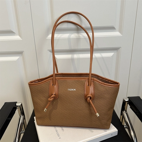 Damen Koreanisch Lässig Gewebte Tote Bag 2025 Neu Vintage Große Kapazität Umhängetasche Mit Mode Buchstabendruck Mode Handtasche