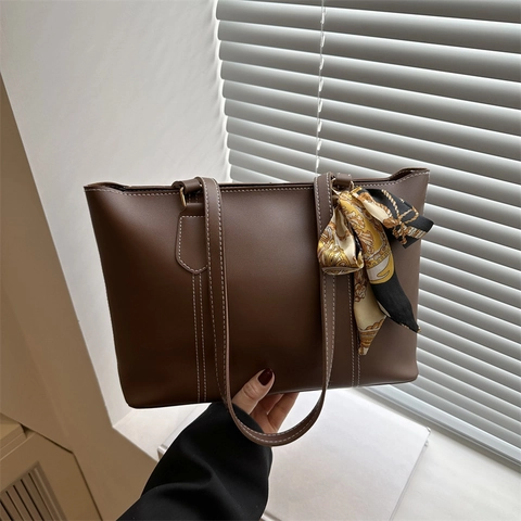 Women Large Capacity PU Leather Tote Bag With Contrast Stitching And Patterned Scarf For Daily Office Commute Shoulder Bag