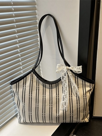 Dames Tote Tas Gestreept Canvas Grote Capaciteit Met Kant Strik Schoudertas Casual Woon-Werkverkeer Zwart En Wit Chique