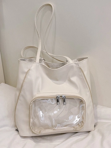 Sac Fourre-tout en Cuir PU Mode Femme Grande Capacité Minimaliste Sac à Bandoulière Avec Poche Transparente pour Ita Bag