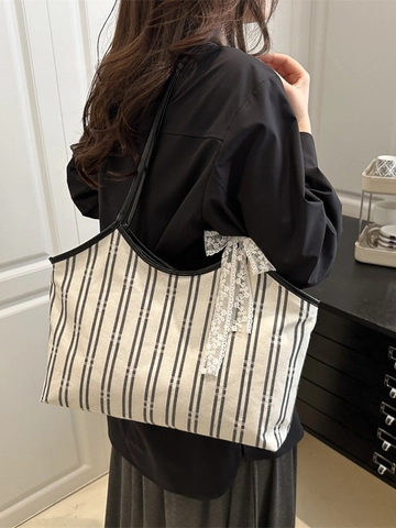 Dames Tote Tas Gestreept Canvas Grote Capaciteit Met Kant Strik Schoudertas Casual Woon-Werkverkeer Zwart En Wit Chique