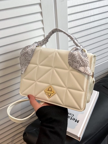 Women Quilted Handbag PU Leather Small Square Crossbody Bag With Scarf Wrapped Handle And Metallic Lock Stylish