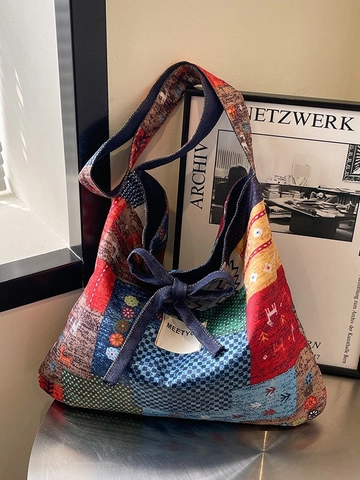 Borsa Tote In Tela Patchwork Stile Etnico Retrò Fiocco Denim Grande Capacità Borsa A Spalla Tracolla Donna Casual