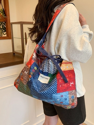 Borsa Tote In Tela Patchwork Stile Etnico Retrò Fiocco Denim Grande Capacità Borsa A Spalla Tracolla Donna Casual