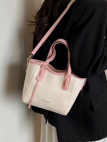 Bolso Cubo Mujer Cuero PU Color Contraste Bolso De Hombro Cruzado Mano Para Trabajo Oficina Diario Estilo Francés Nicho