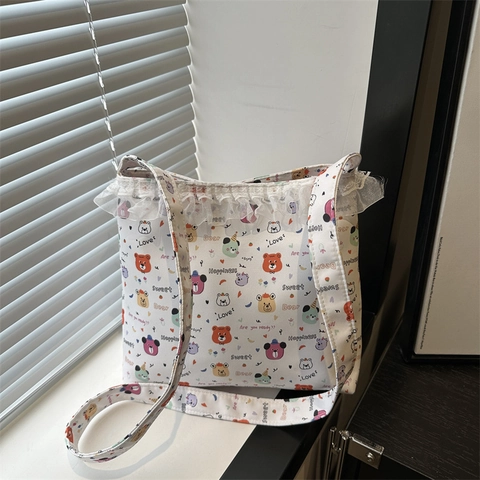 Sac Bandoulière En Toile Imprimé Ours Dessin Animé Avec Bordure En Dentelle Style Kawaii Japonais Pour Femmes