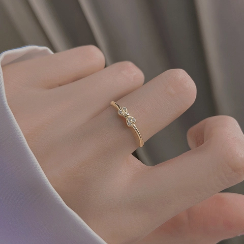 Bow Knot Adjustable Ring For Women Copper Zircon Encrusted Delicate Niche Design Jewelry