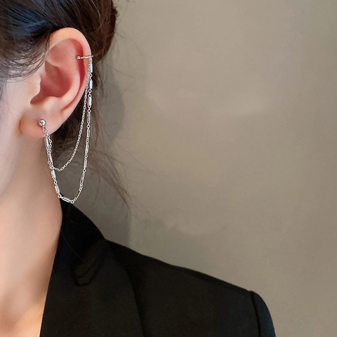 Minimalist Integrated Ear Cuff Stud Earring Copper Platinum Plated Geometric Long Tassel Chain Cool Style For Women