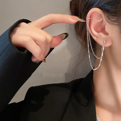 Minimalist Integrated Ear Cuff Stud Earring Copper Platinum Plated Geometric Long Tassel Chain Cool Style For Women