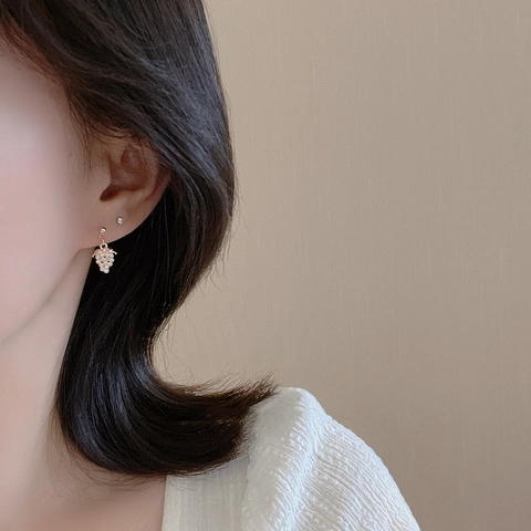 Grape Stud Earrings With White Zircon Copper Leaf And 925 Sterling Silver Earring Post French Retro Style For Women