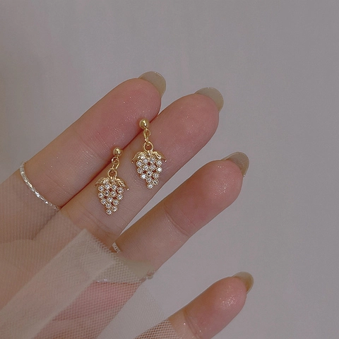 Grape Stud Earrings With White Zircon Copper Leaf And 925 Sterling Silver Earring Post French Retro Style For Women
