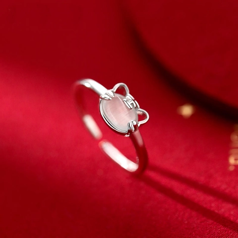 Tiger Head Adjustable Ring Copper Silver Plated Oval Cat Eye Stone Cute Animal Zodiac Jewelry For Women