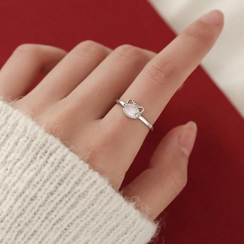 Tiger Head Adjustable Ring Copper Silver Plated Oval Cat Eye Stone Cute Animal Zodiac Jewelry For Women