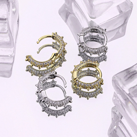 Punk Rivet Spike Huggie Hoop Earrings Women Copper With Cubic Zirconia And Silver Earring Post Personality Rock Jewelry