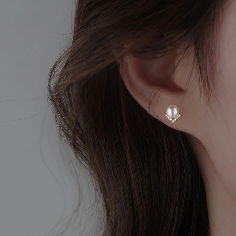 Pendientes De Perlas Artificiales De Cobre Bañados En Oro Con Poste De Plata De Ley 925 Forma V Strass Joyería Elegante Para Mujer