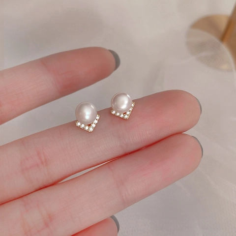 Pendientes De Perlas Artificiales De Cobre Bañados En Oro Con Poste De Plata De Ley 925 Forma V Strass Joyería Elegante Para Mujer