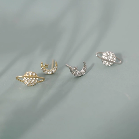 Asymmetric Stud Earrings Celestial Moon Planet Star Copper With Zircon Gold Silver Color Dainty Jewelry For Women