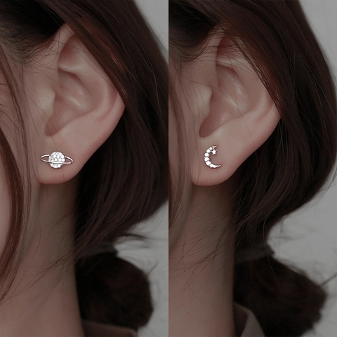 Asymmetric Stud Earrings Celestial Moon Planet Star Copper With Zircon Gold Silver Color Dainty Jewelry For Women