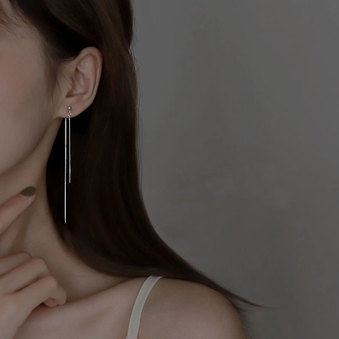 Long Tassel Linear Drop Earrings With 925 Sterling Silver Earring Post Minimalist Ball Dangle Copper Jewelry For Women