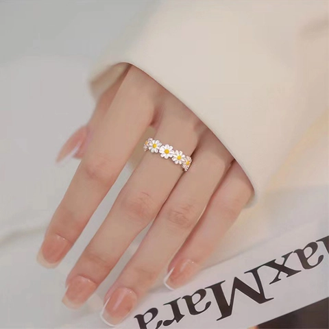 Anillo De Flor Margarita Plata De Ley 925 Ajustable Diseño Abierto Estilo Fresco Coreano Joyería Para Mujer
