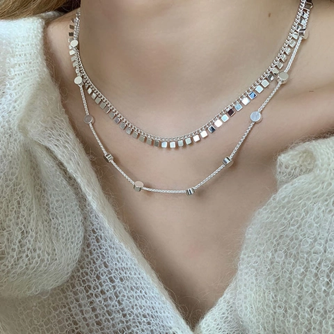 Minimalistische Doppellagige Kupferkette Versilbert Quadratischer Anhänger Rundperlen Ins Stil Eleganter Schmuck Für Damen