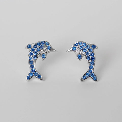 Orecchini A Lobo Delfino In Rame Con Zirconia Cubica Blu Bianca E Perno In Argento Sterling 925