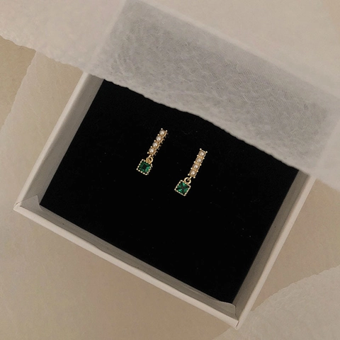 Retro Square Emerald Cubic Zirconia Artificial Pearl Dangle Earrings With 925 Sterling Silver Earring Post Copper Elegant Jewelry