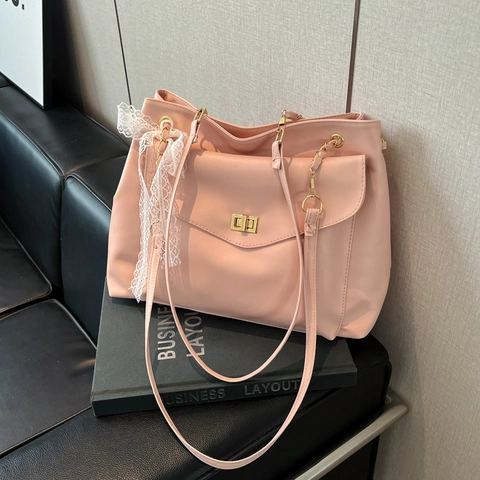 Women Large Capacity Shoulder Bag Korean Sweet PU Leather Tote Bag With Lace Bow Gold Twist Lock Chain Strap Messenger Bag