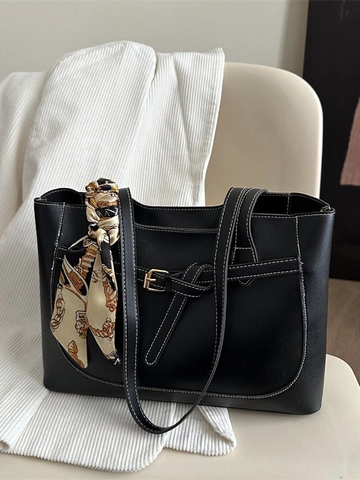 Women PU Leather Tote Bag With Satin Scarf Large Capacity Commuter Shoulder Handbag Contrast Stitching Fashionable