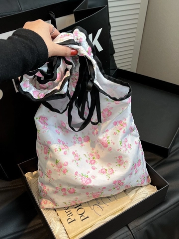 Women Floral Tote Bag With Ruffle Straps Nylon Canvas Bow Pattern Large Capacity Shoulder Bag Casual Commuter Handbag