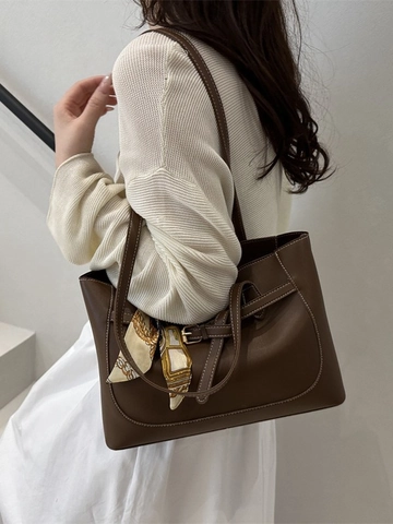 Women PU Leather Tote Bag With Satin Scarf Large Capacity Commuter Shoulder Handbag Contrast Stitching Fashionable
