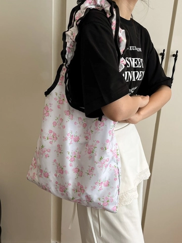 Women Floral Tote Bag With Ruffle Straps Nylon Canvas Bow Pattern Large Capacity Shoulder Bag Casual Commuter Handbag