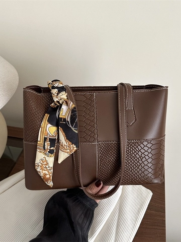Women Patchwork PU Leather Tote Bag Crocodile Pattern With Decorative Satin Scarf Large Capacity Daily Shoulder Handbag