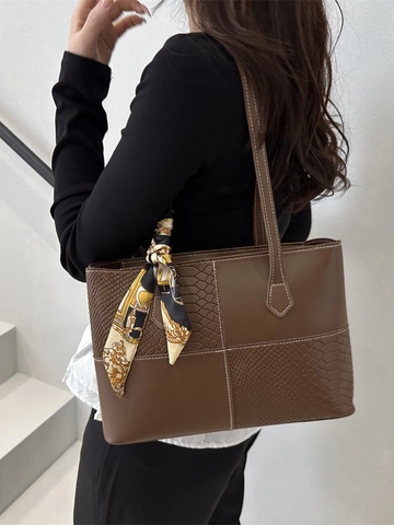 Women Patchwork PU Leather Tote Bag Crocodile Pattern With Decorative Satin Scarf Large Capacity Daily Shoulder Handbag