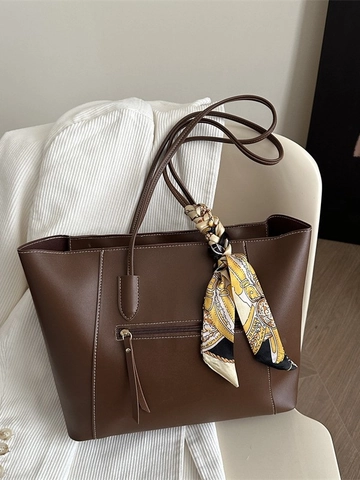 Retro PU Leren Tote Bag Voor Dames Met Satijnn Sjaal Decoratie Grote Capaciteit Contraststiksels Schoudertas