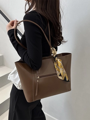 Retro PU Leren Tote Bag Voor Dames Met Satijnn Sjaal Decoratie Grote Capaciteit Contraststiksels Schoudertas