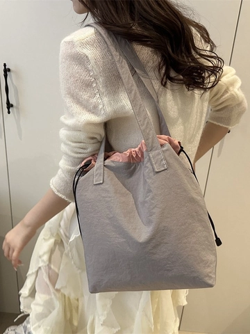 Borsa Tote da Donna in Tela e Nylon Grande Capacità Minimalista con Coulisse Borsa a Spalla per Scuola Ufficio Casual Quotidiana
